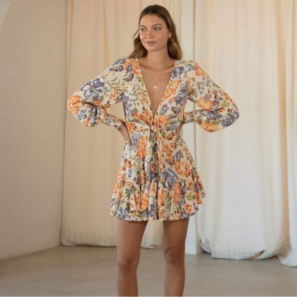 Kivari Cream Floral Mini Dress with Orange & Purple Blooms - Picture 3 of 11